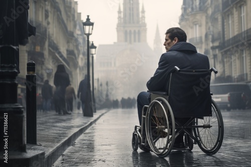 Rear view of a disabled man in a wheelchair in the city in cloudy weather photo