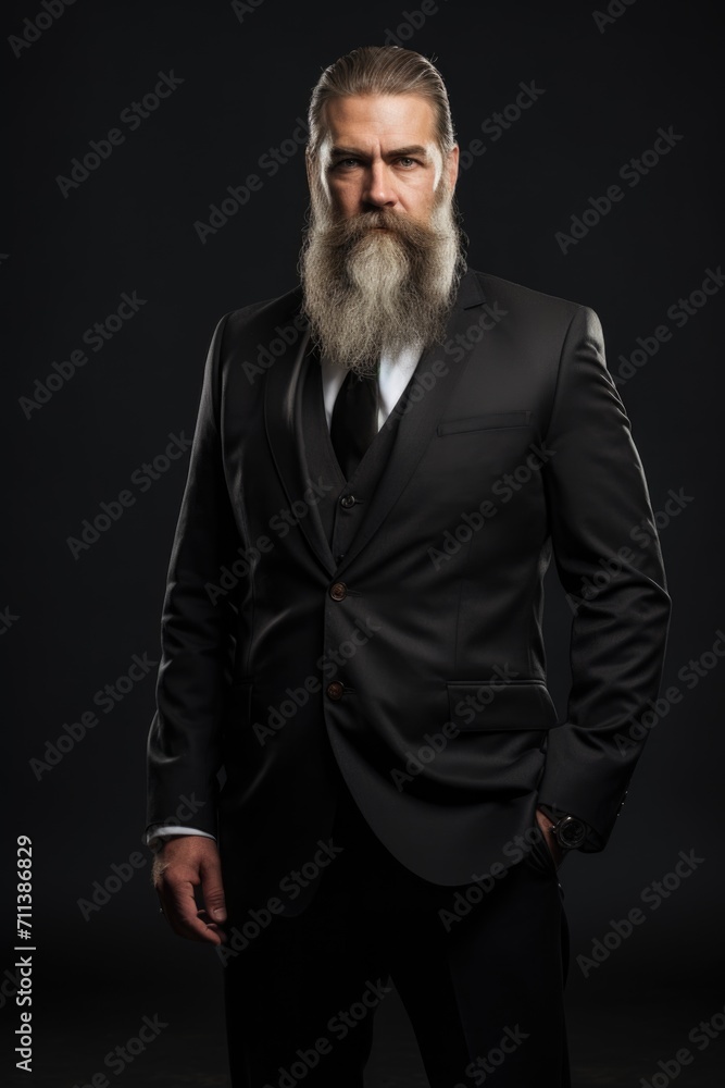 Portrait of a serious, confident middle-aged businessman with a beard in a suit on a black background