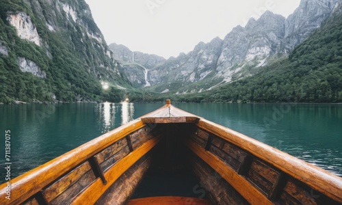 Wooden Boat on Serene Mountain Lake at Dusk