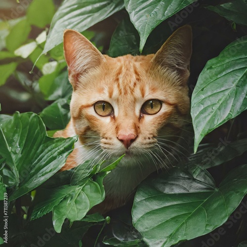 A wild cat that hides in the leaves of the jungle and shows the face insistently over the eyes.  photo