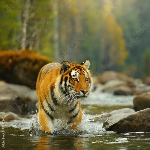A tiger walking in water. Dangerous animal  river droplet. Feral cats in the natural habitat
