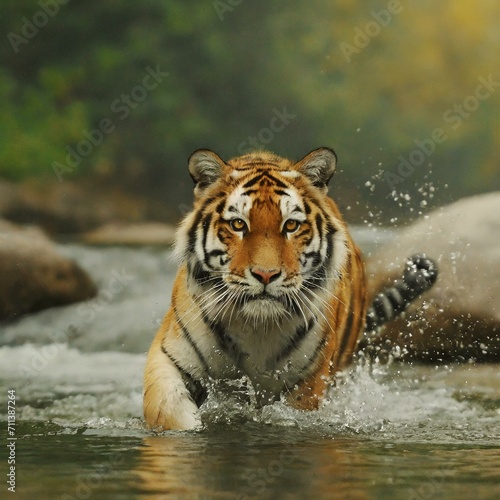 A tiger walking in water. Dangerous animal, river droplet. Feral cats in the natural habitat