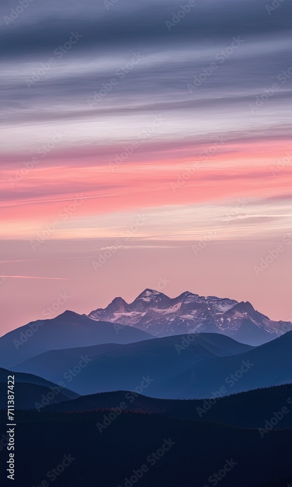 Obraz premium Serene Sunset over Snow-Capped Mountains and Forest