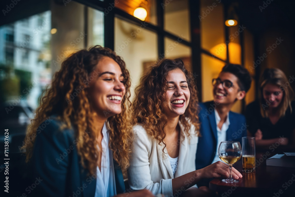 A group of friends hanging out in a cafe, or a restaurant, talking and laughing happily, enjoying their time together. A group of friends hanging out in a cafe, or a restaurant, talking and laughing happily, enjoying their time together.