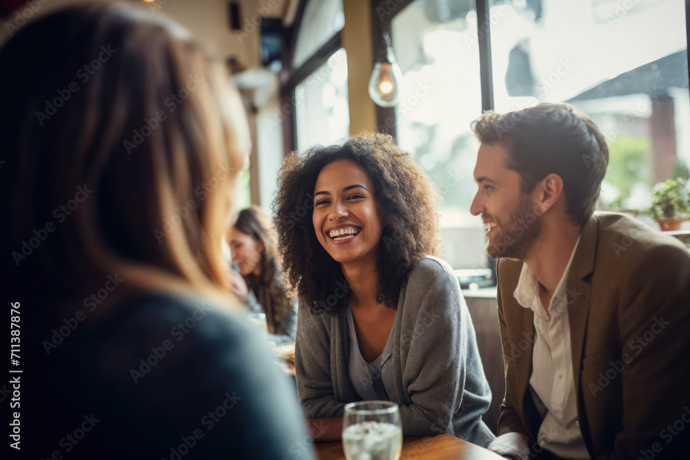 A group of friends hanging out in a cafe, or a restaurant, talking and laughing happily, enjoying their time together. A group of friends hanging out in a cafe, or a restaurant, talking and laughing happily, enjoying their time together.
