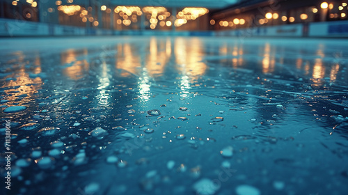 The reflection of overhead lights on the glossy surface of the rink.