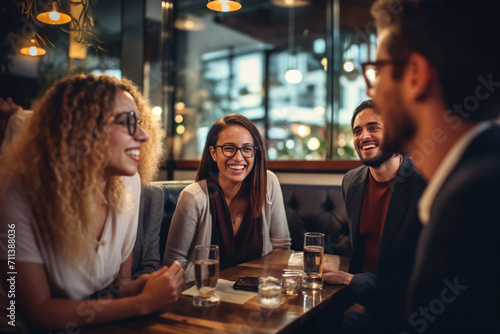 A group of friends hanging out in a cafe, or a restaurant, talking and laughing happily, enjoying their time together.