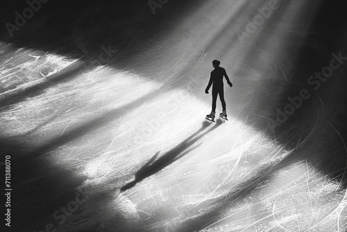 A figure skater's shadow stretching across the ice during a jump.