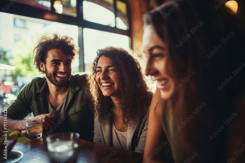 A group of friends hanging out in a cafe, or a restaurant, talking and laughing happily, enjoying their time together.