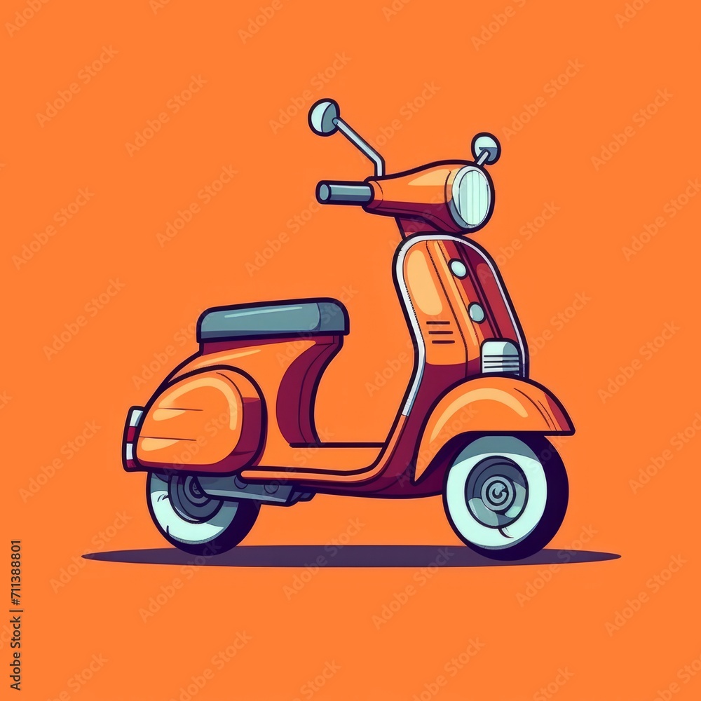 Illustration of a scooter. Simple vector art of a retro scooter side view. Cartoon drawing of a vintage scooter. AI generated. Orange background.
