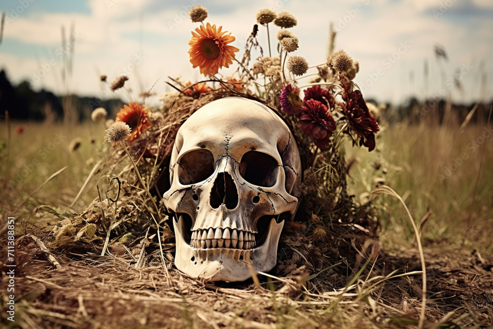 skull in the field. Generative Ai skull in the field. Generative Ai