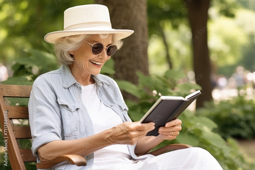 An elderly lady in casual attire and glasses sits on a bench during the day and reads a book