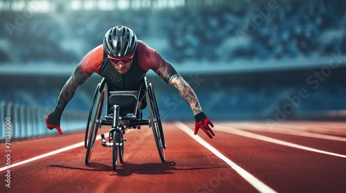 male athlete in wheelchair racing red track stadium in para athletics competition, summer sports games photo