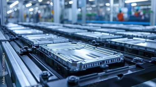 Mass production assembly line of electric vehicle battery cells close-up view