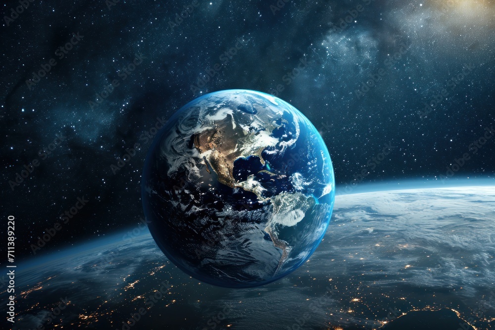 A captivating view of Earth from space, a blue globe surrounded by stars and cosmic wonders. A captivating view of Earth from space, a blue globe surrounded by stars and cosmic wonders.