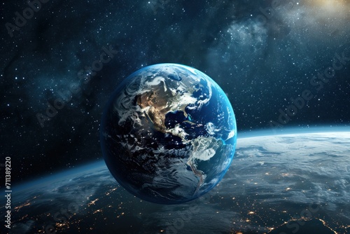 A captivating view of Earth from space  a blue globe surrounded by stars and cosmic wonders.