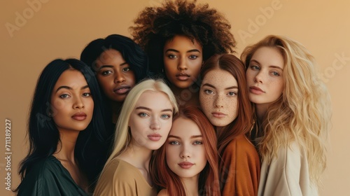 multicultural beauty faces international models girls group bonding standing isolated on beige background