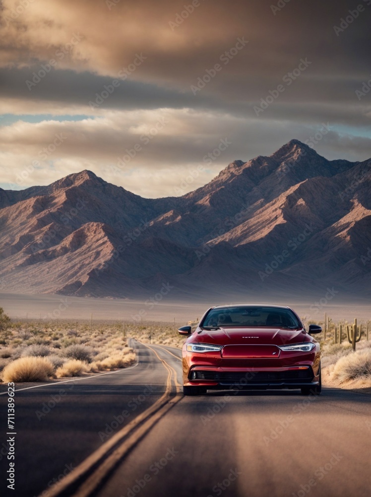 Red Car Driving Down Desert Road, Scenic Journey Through Arid Landscape. Generative AI.