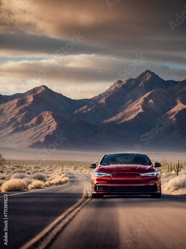 Red Car Driving Down Desert Road, Scenic Journey Through Arid Landscape. Generative AI. © theartofphoto