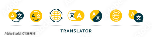 Set of icons for a translator app. Multilingual online translator. Translation app icon. Online translator. Multilingual communication.