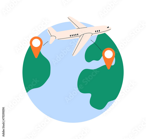 Air plane travels to destination point. Airplane route, flight navigation, tourism concept. Aircraft on way, path over globe with pin pointers. Flat vector illustration isolated on white background