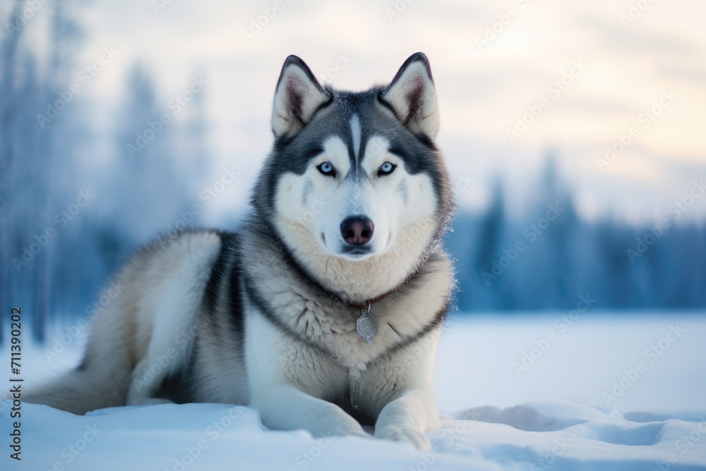 A Siberian Husky dog in a snowy winter forest