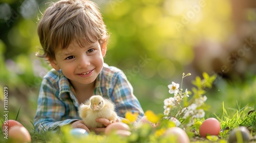 A smiling young boy enjoys the company of a fluffy chick with colorful Easter eggs in a sunny garden photo