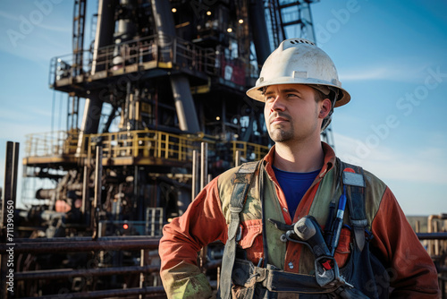 A male oil worker in a helmet on a drilling rig. Professional worker.