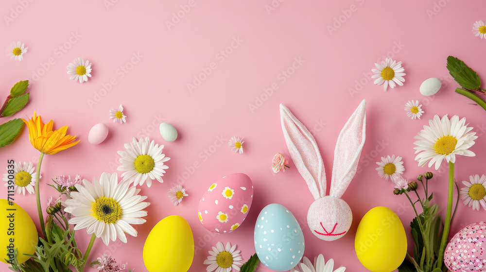 Easter composition with easter eggs with playful bunny ears amid a spread of fresh spring flowers on a soft pink background. Easter card with copy space