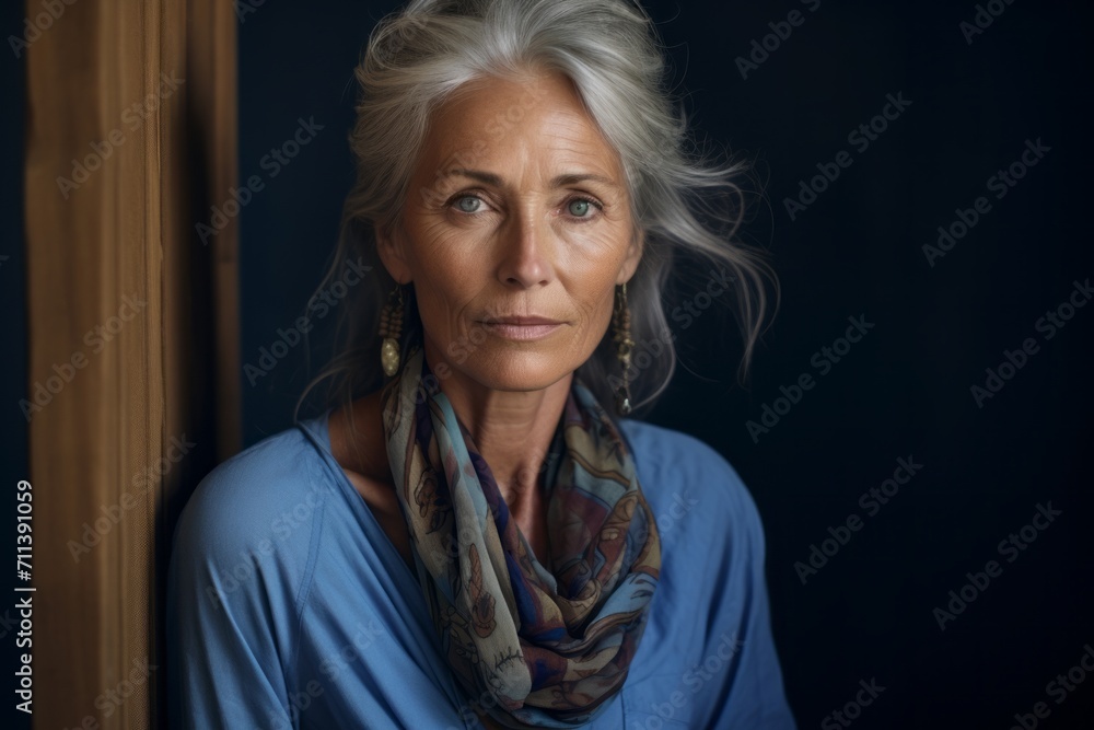 Portrait of a beautiful senior woman with grey hair and blue eyes