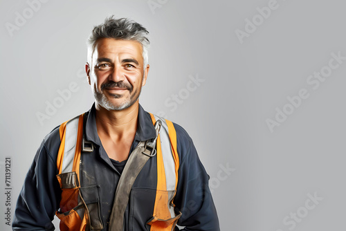 Happy construction worker on clean background. Generative ai design.