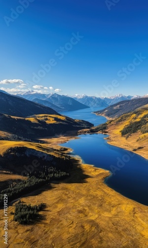 Majestic Aerial View of a Mountain Lake in Autumn