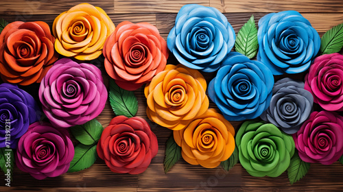 Enchanting Rose Symphony  3D sublimation of multicolored roses dancing on a rustic wooden background  Created using generative AI