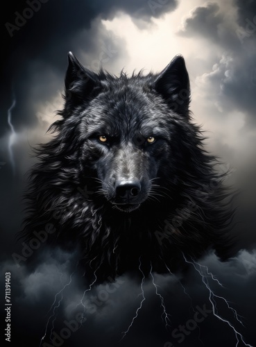 a black wolf is staring at the camera in a dark and spooky jungle with lightning