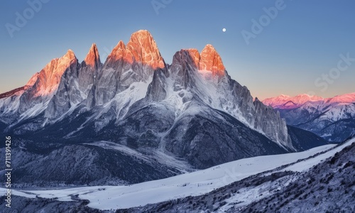 Sunset Alpenglow on Snowy Mountain Peaks with Moon