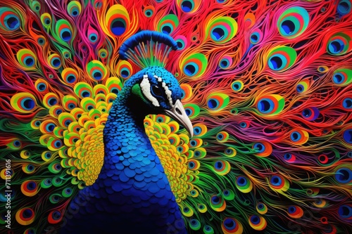 a colorful peacock is showing his colorful feathers in a dark background © usman