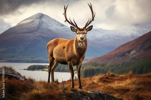 a deer standing on a brown hill next to some mountains with the view of sky and clouds