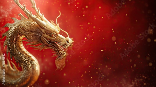 Majestic Chinese Dragon in Vibrant New Year Setting. 2024, Chinese Loong year, spring festival illustration with copy space .