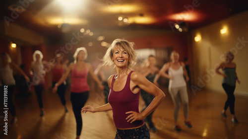Active positive middle aged women with instructor performing dance elements during class with female group in modern fitness school for adults