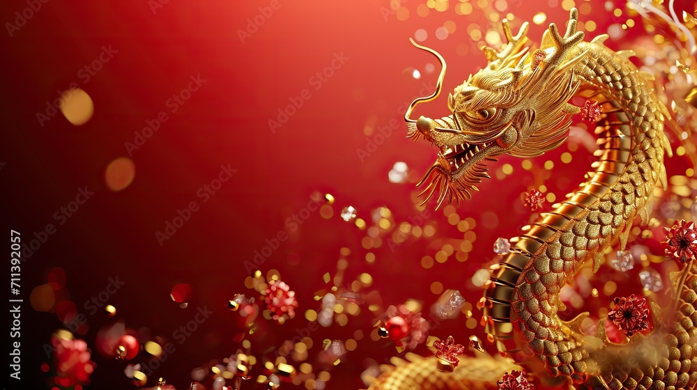 Fototapeta premium Majestic Chinese Dragon in Vibrant New Year Setting. 2024, Chinese Loong year, spring festival illustration with copy space .