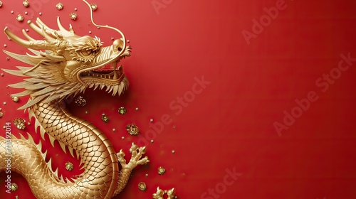 Majestic Chinese Dragon in Vibrant New Year Setting. 2024, Chinese Loong year, spring festival illustration with copy space .