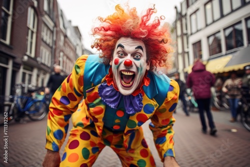 Funny funny clown in a bright costume on a city street