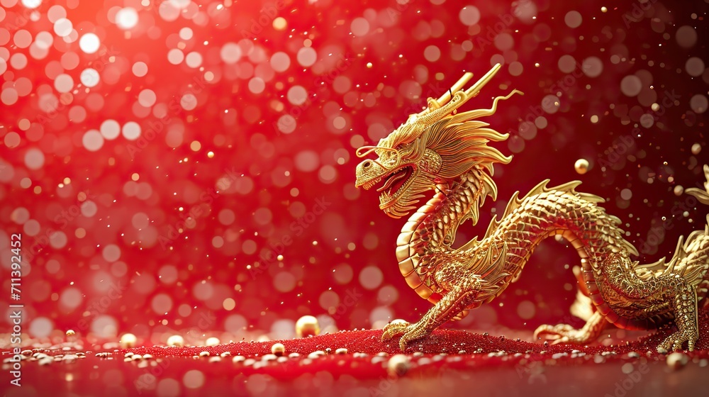 Fototapeta premium Majestic Chinese Dragon in Vibrant New Year Setting. 2024, Chinese Loong year, spring festival illustration with copy space .