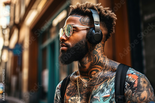 A handsome young African-American man with a beard wearing headphones, listening to music while walking along a city street in summer © Александр Лобач