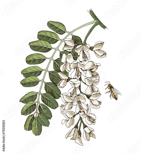 Blooming acacia and honey bee