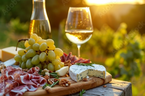 Picnic with white wine served outside with cheese and charcuterie, sunset light photo