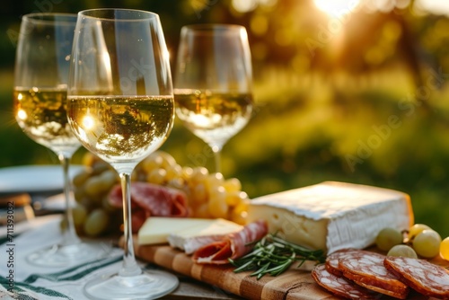 Picnic with white wine served outside with cheese and charcuterie, sunset light photo