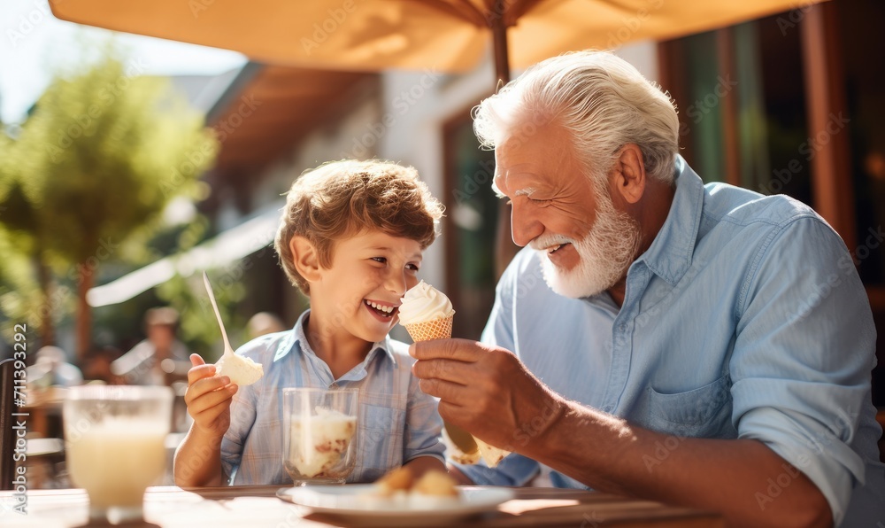 A Generational Bond: Grandfather and Grandson Enjoying Ice Cream A Generational Bond: Grandfather and Grandson Enjoying Ice Cream