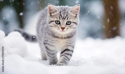 A Serene Winter Stroll  A Gray and White Cat Enjoying the Snowy Landscape