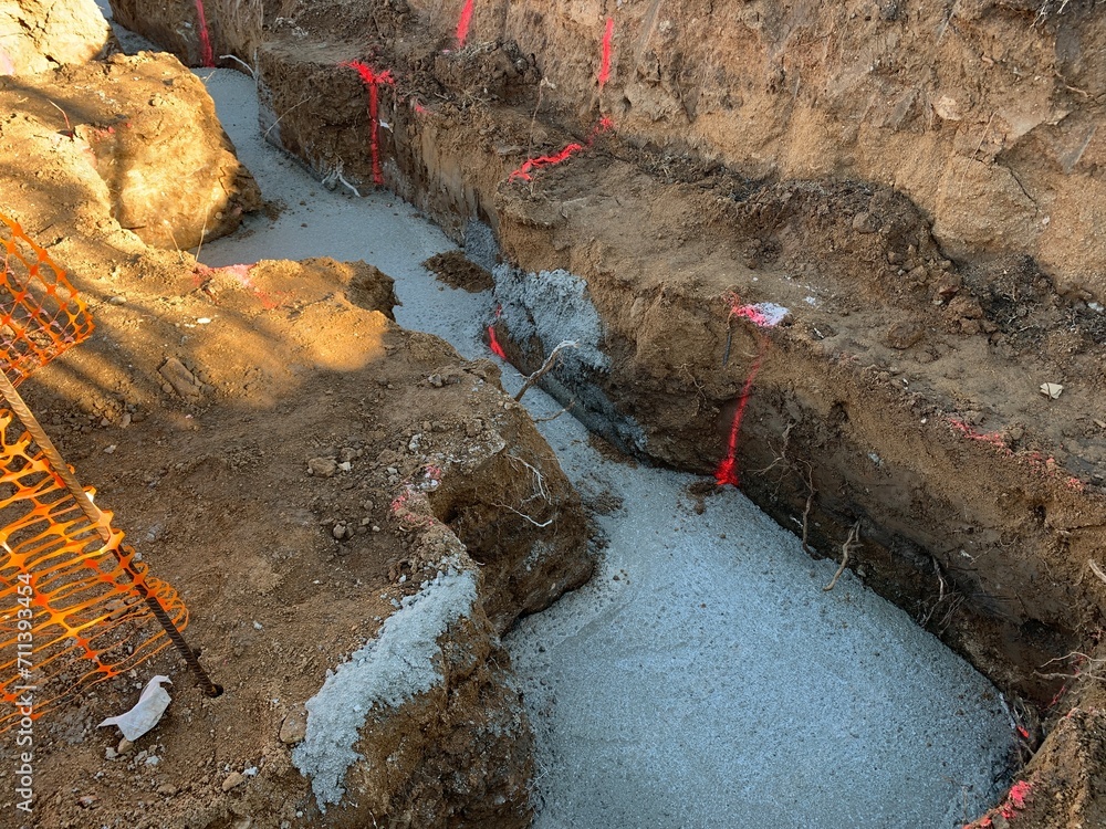 strip foundation, foundation strut, ground framework, gravel framework, lean concrete, excavator